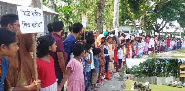 উলিপুরে খেলার মাঠ অক্ষত রেখে ফ্লাড শেল্টার নির্মানের দাবিতে মানববন্ধন
