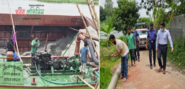 অবৈধভাবে বালু উত্তোলন ও ভরাটের দায়ে ড্রেজার বিকল বিপুল পরিমাণ পাইপ ধ্বংস ও অর্থদন্ড