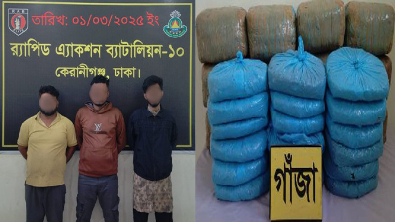 রাজধানীর পোস্তগোলা এলাকায় ১৬,৫৬,০০০/- টাকার গাঁজাসহ ৩ জন মাদক ব্যবসায়ী গ্রেফতার