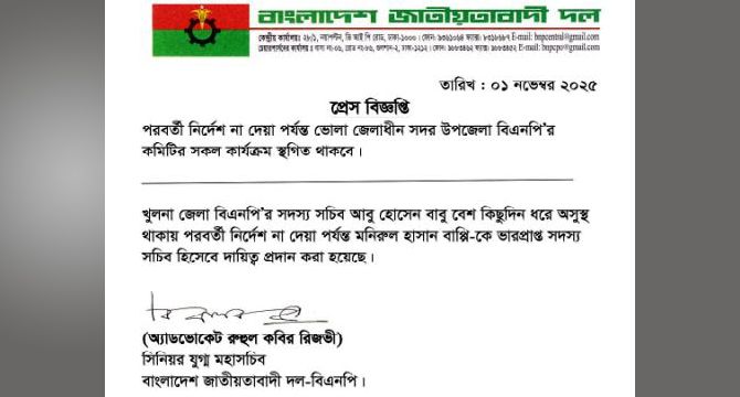 ভোলা সদর উপজেলা বিএনপির কমিটির কার্যক্রম স্থগিত